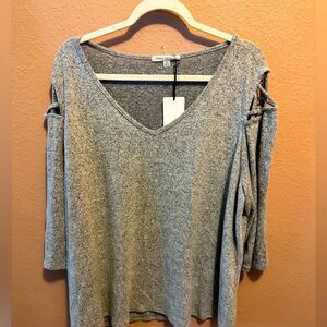 Green Envelope Grey sweater with open cage shoulder
